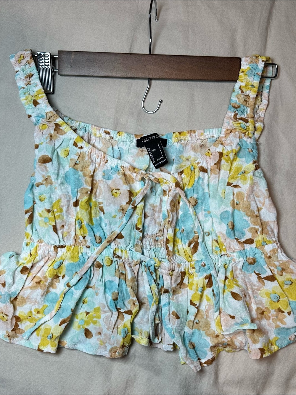 Forever 21 Blue, Yellow & Brown Floral Smocked Crop Top